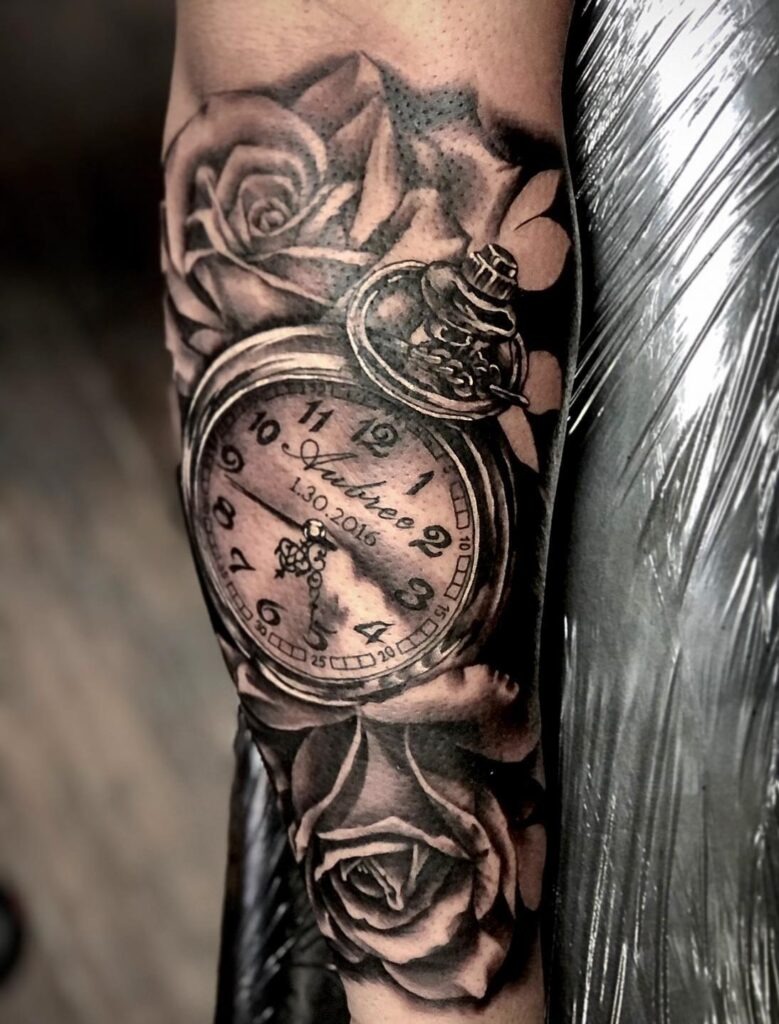 Pocket Watch and Dragonfly Memorial Tattoo Tattoo Design