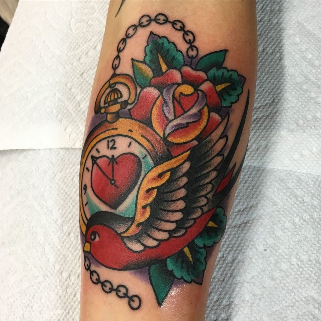 Pocket Watch and Roses Memorial Tattoo Tattoo Design