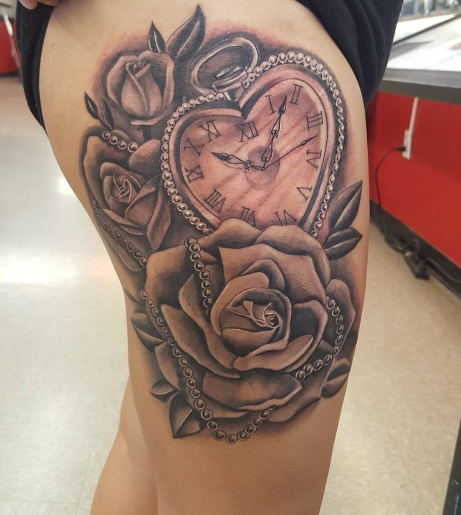 Pocket Watch and Roses Tattoo with Name Detail Tattoo Design