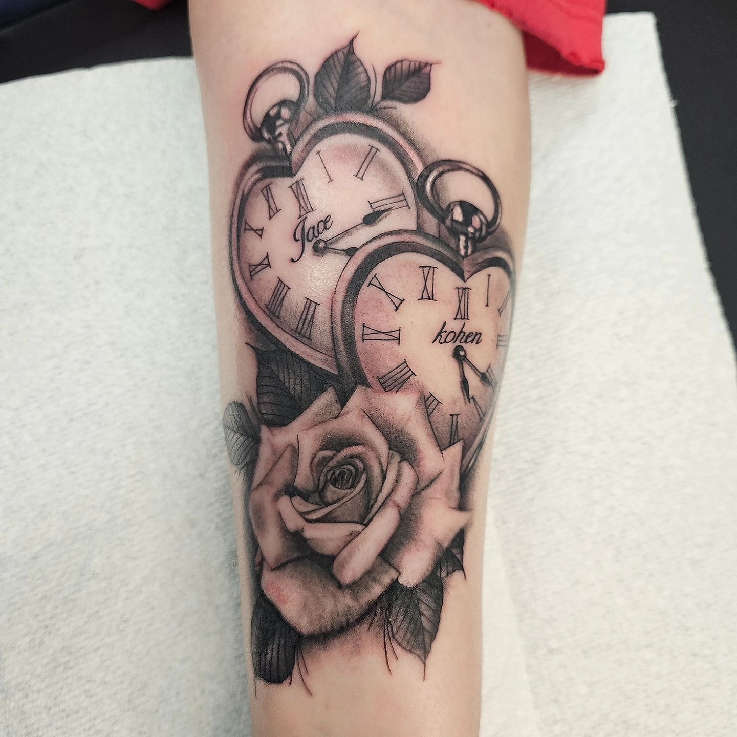 Pocket Watch and Roses Upper Arm Tattoo Tattoo Design