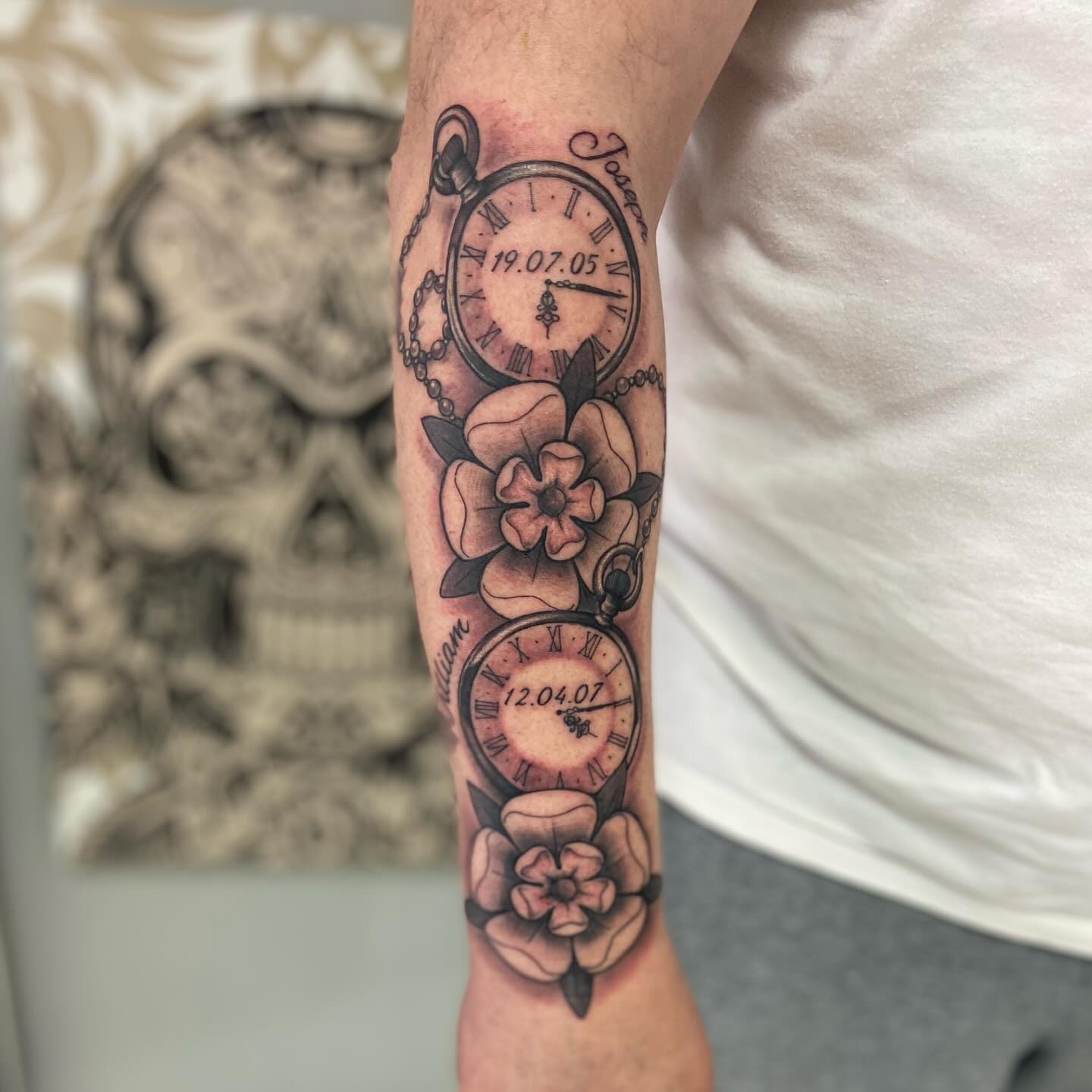 Pocket Watch and White Roses Forearm Tattoo Tattoo Design