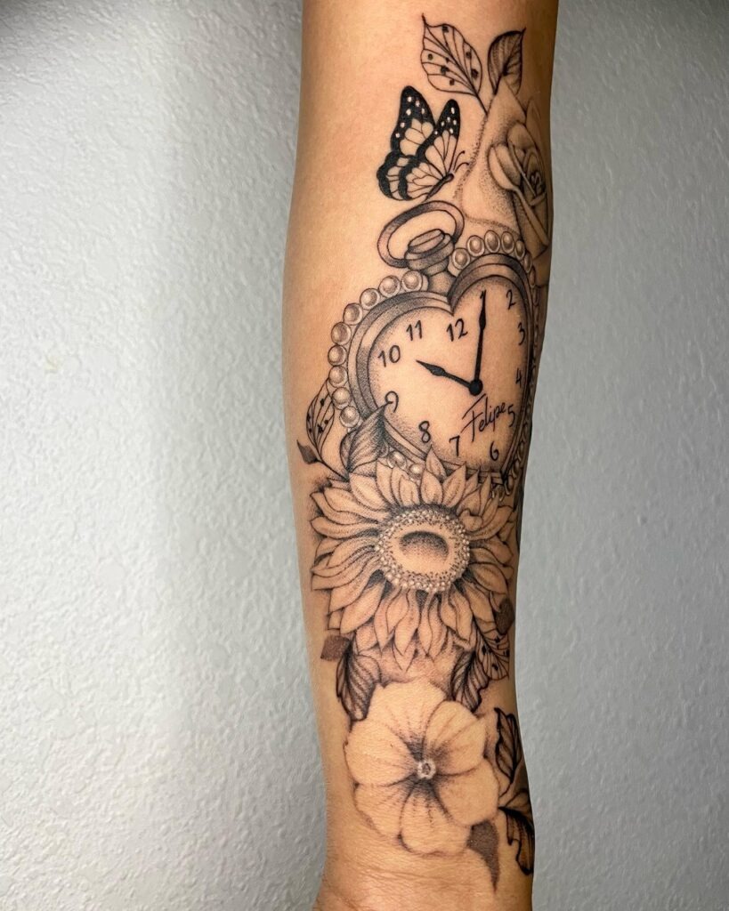 Pocket Watch Memorial Tattoo with Roses Tattoo Design