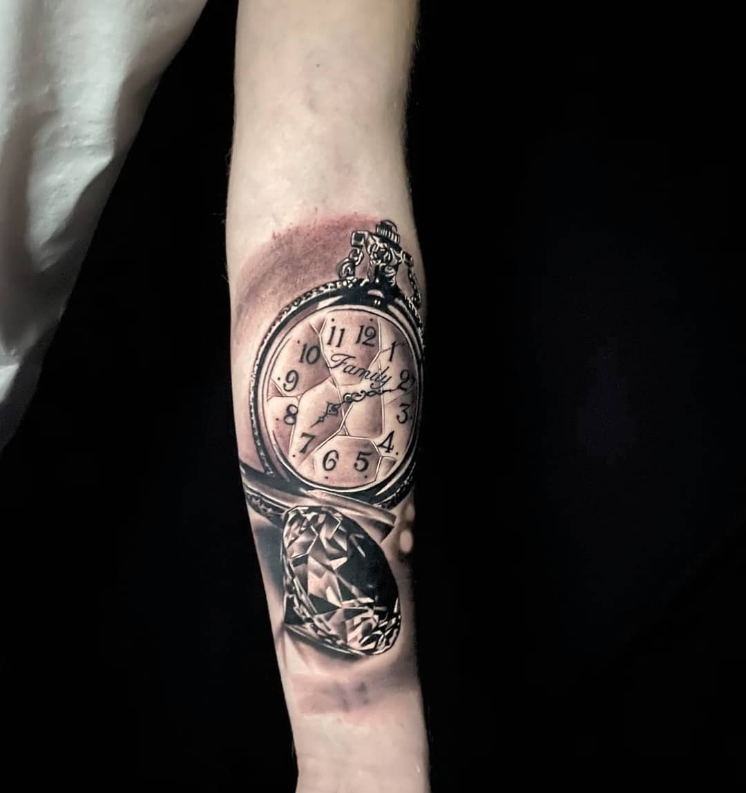 Pocket Watch with Lilies and Butterfly Tattoo Tattoo Design
