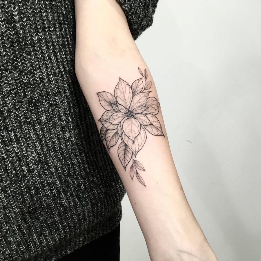 Elegant black line poinsettia arm tattoo design Tattoo Design