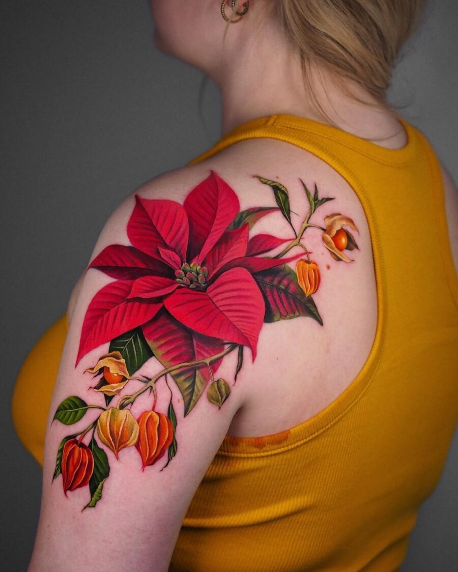 Stunning Poinsettia Tattoo on Shoulder Tattoo Design