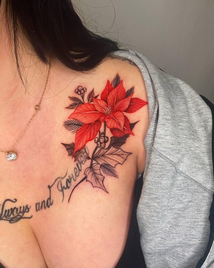 Vibrant poinsettia tattoo enhancing shoulder elegance Tattoo Design