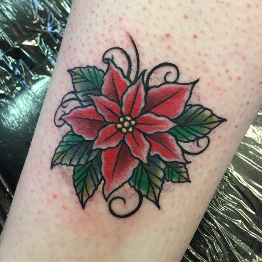 Vibrant Poinsettia Tattoo with Swirling Details Tattoo Design