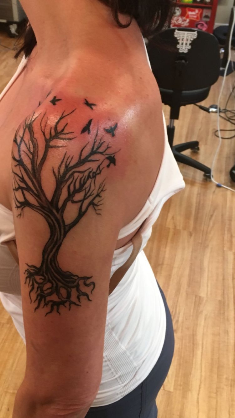 Shoulder Poison Tree With Flying Birds Tattoo Design