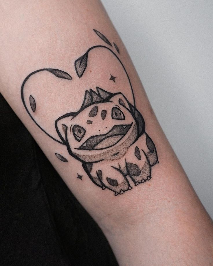 Bulbasaur Heart Linework Tattoo Design