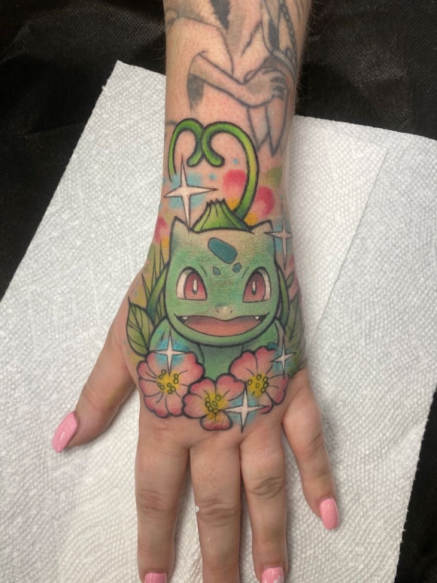 Floral Bulbasaur Hand Piece Tattoo Design
