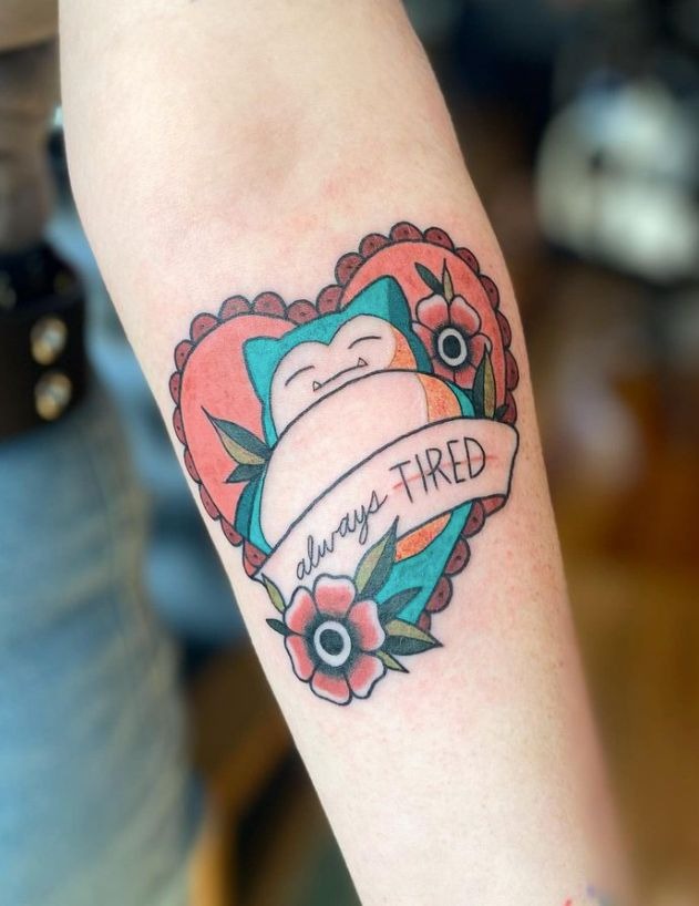 Heart-and-Banner Sleepy Character Tattoo Design