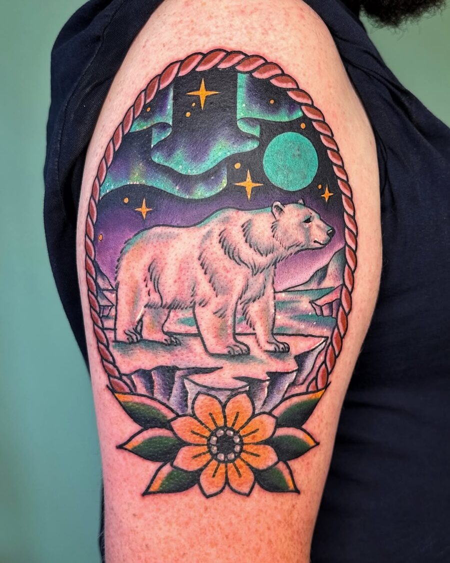 Stunning Polar Bear Tattoo with Northern Lights Tattoo Design