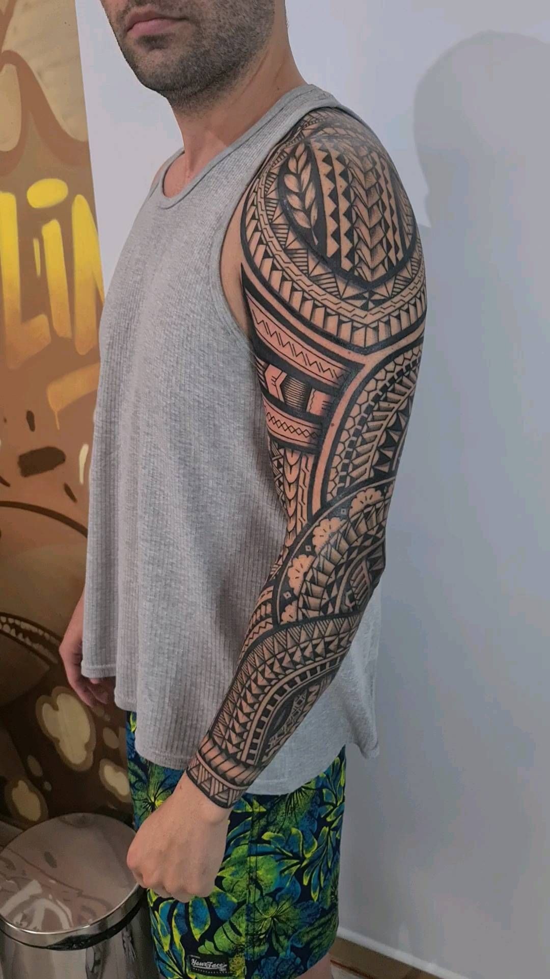 Floral Polynesian Shoulder and Upper Arm Tattoo Design