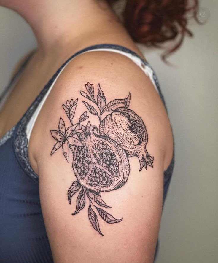 Neo Traditional Pomegranate With Soft Blossom Accent s Tattoo Design