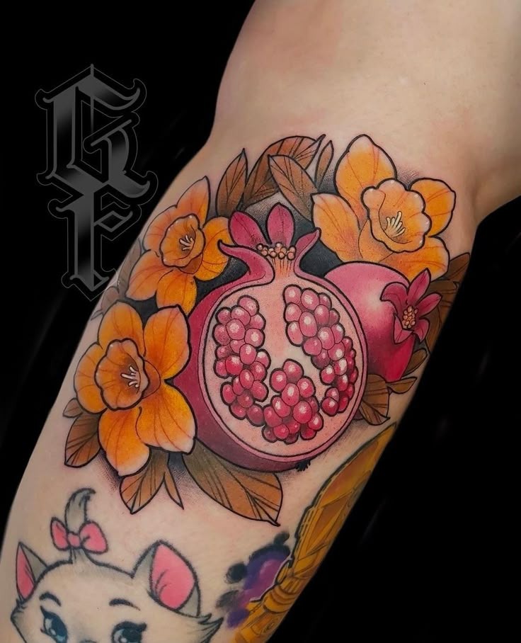 Pomegranate and Moth Botanical Sleeve Moment Tattoo Design