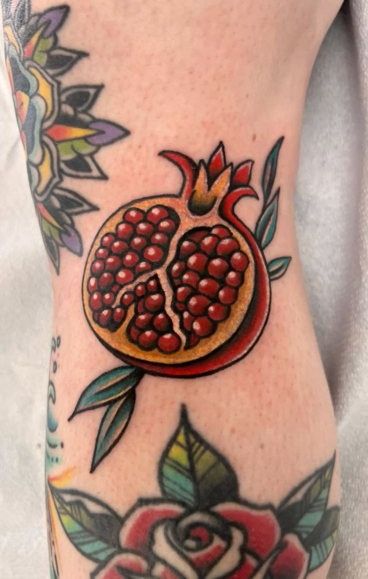 Red Pomegranate Branch With a Songbird Tattoo Design