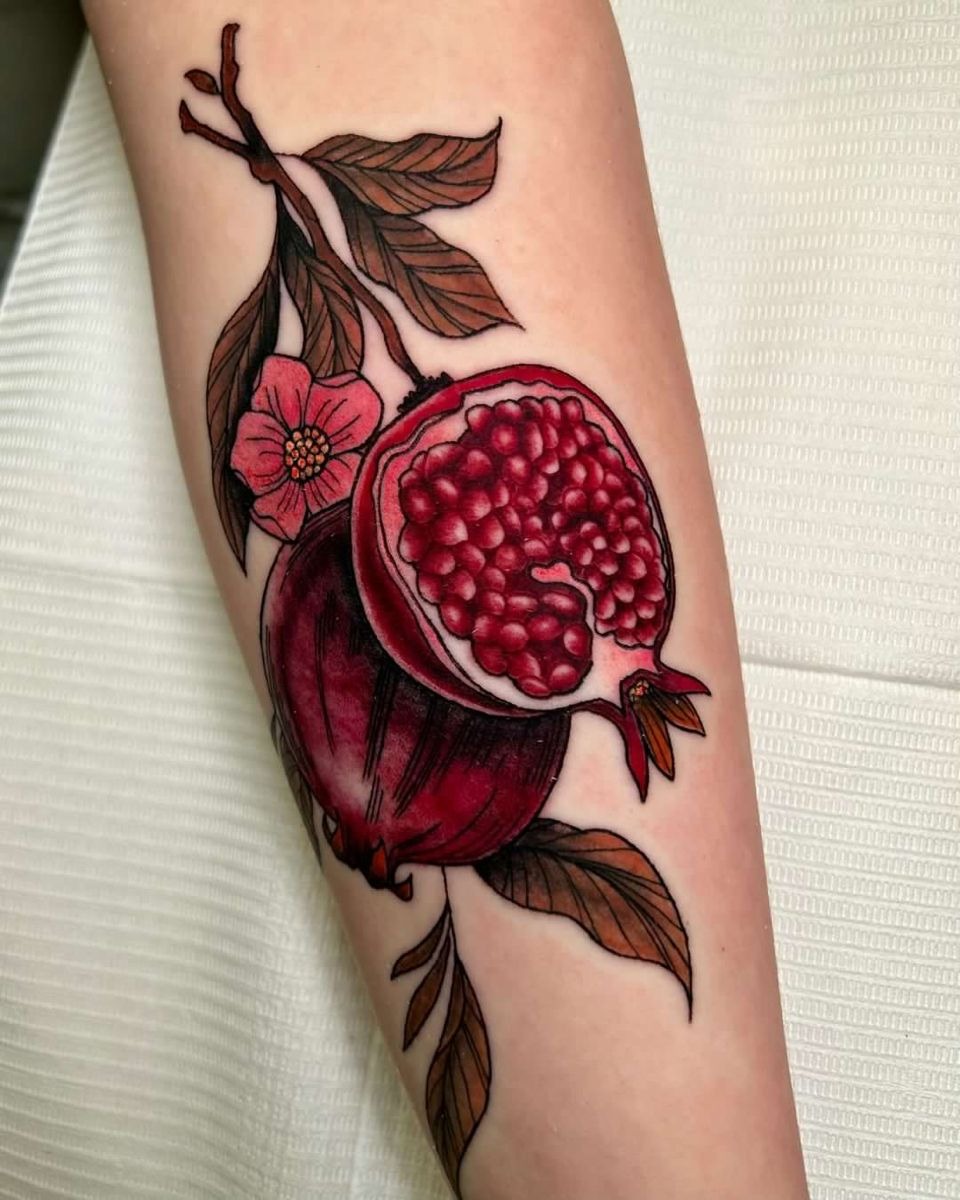 Soft Neo Traditional Pomegranate with Florals Tattoo Design
