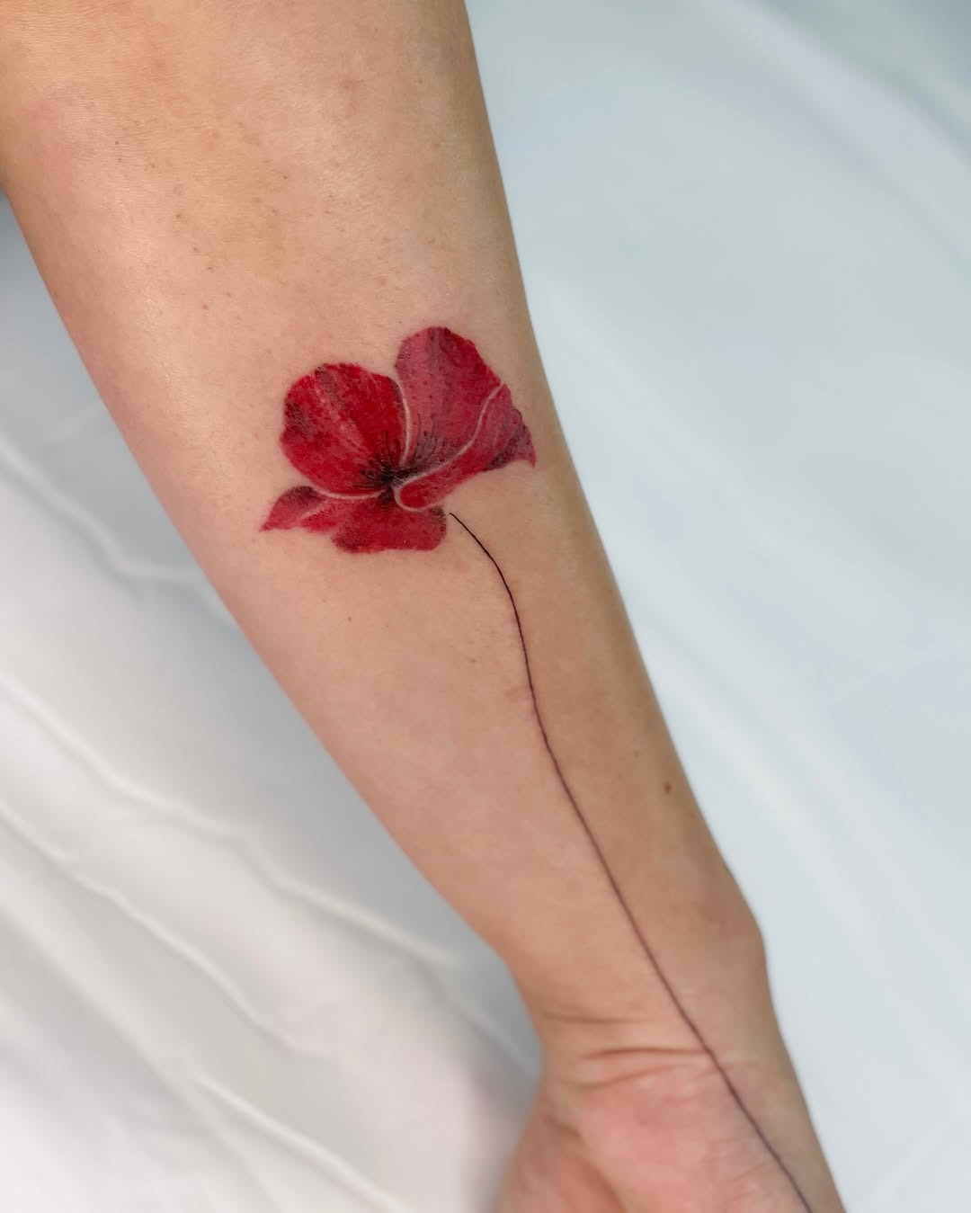 Stunning red poppy tattoo on the forearm Tattoo Design
