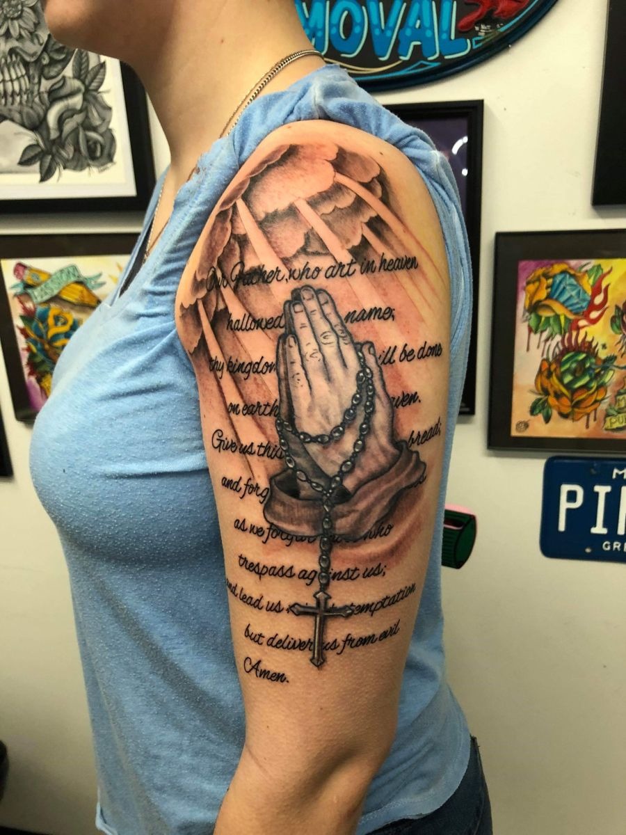 Bold Black Ink Prayer with Red Accent Tattoo Design