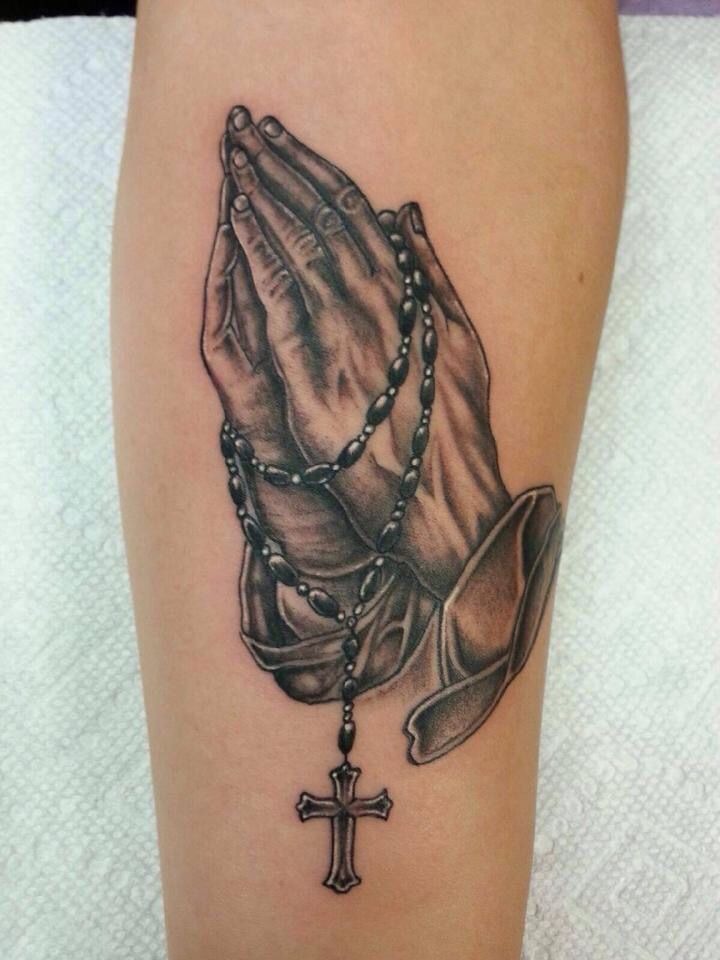 Realistic Praying Hands with Rosary Beads Tattoo Design