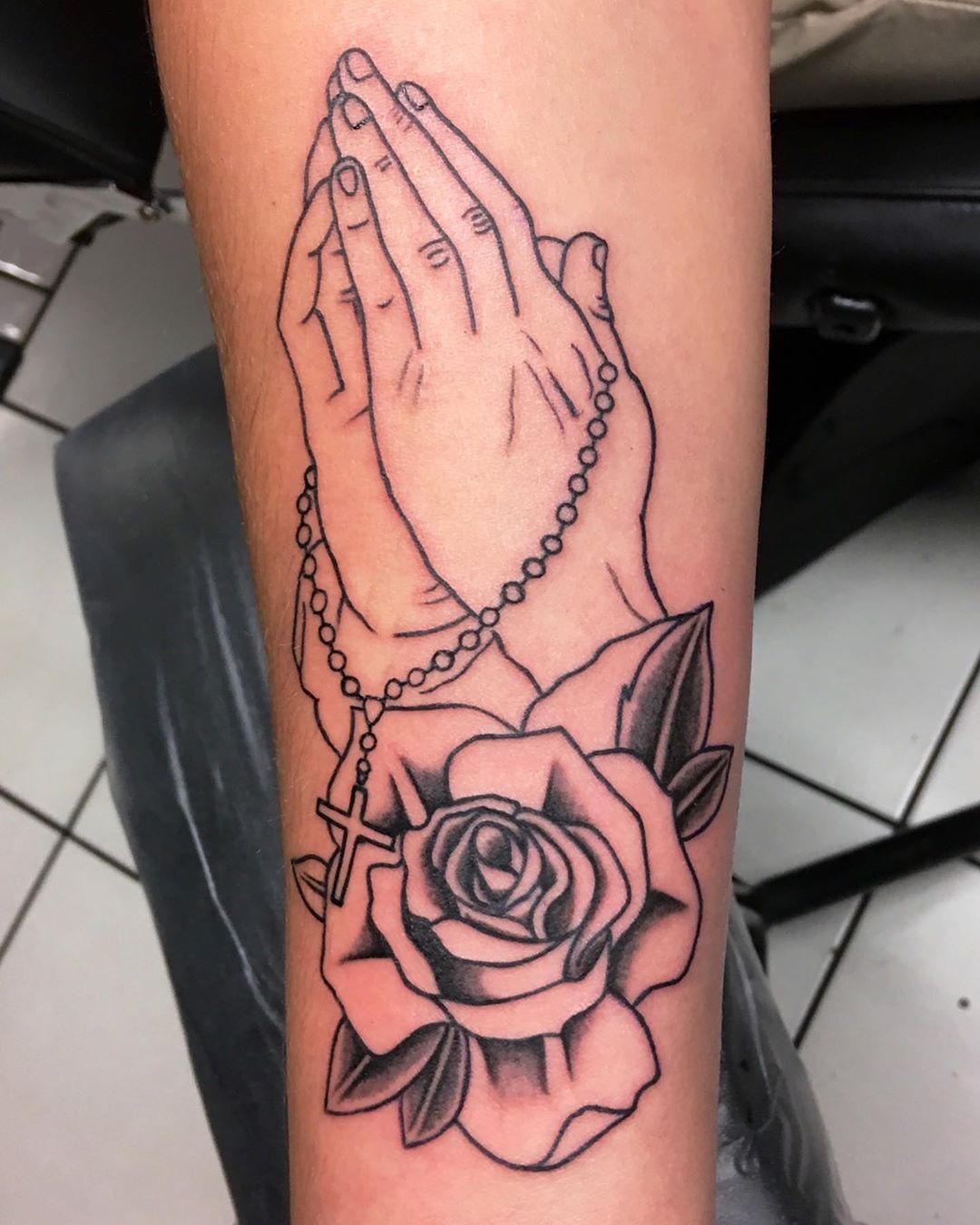 Rosary and Roses Tattoo with Praying Hands Sketch Tattoo Design