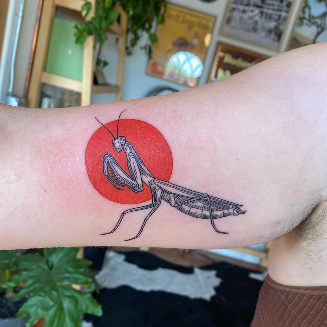 Bold praying mantis tattoo on vibrant backdrop Tattoo Design