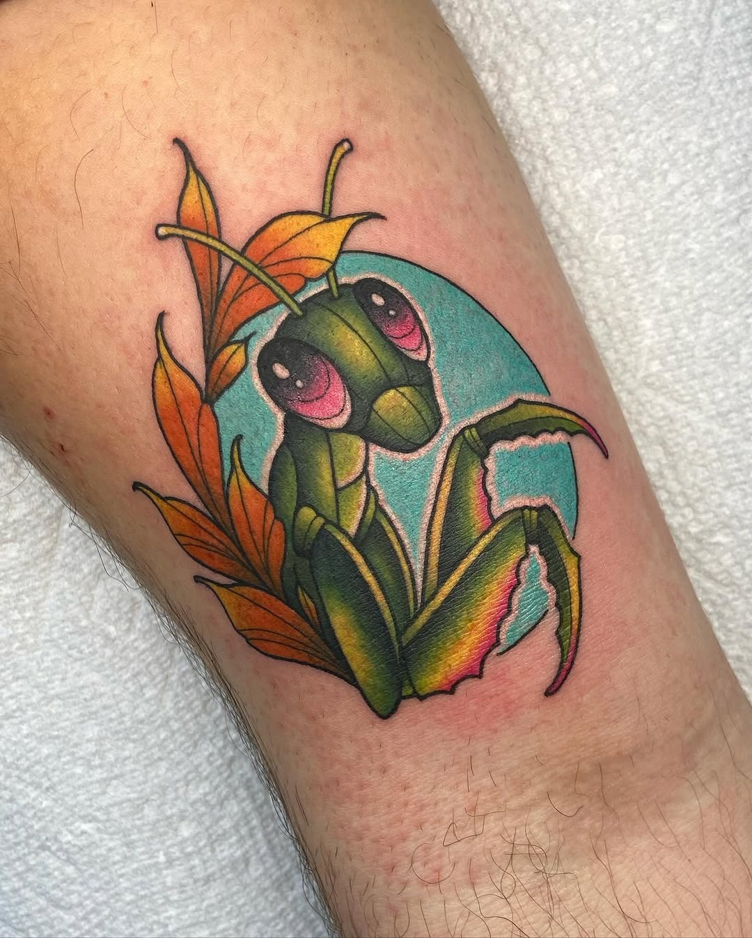 Colorful praying mantis tattoo surrounded by leaves Tattoo Design