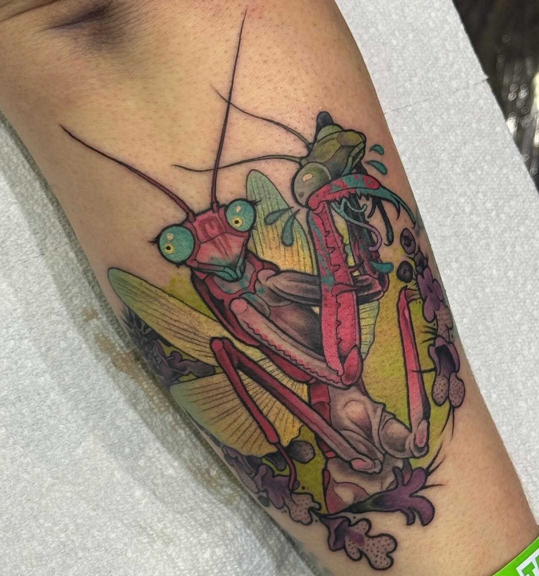 Colorful praying mantis tattoo with dynamic elements Tattoo Design