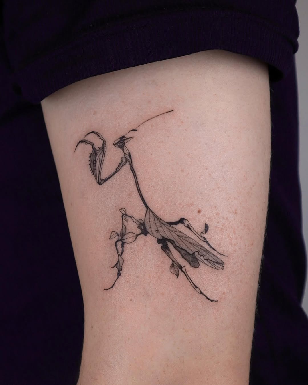 Elegant praying mantis tattoo with floral details Tattoo Design