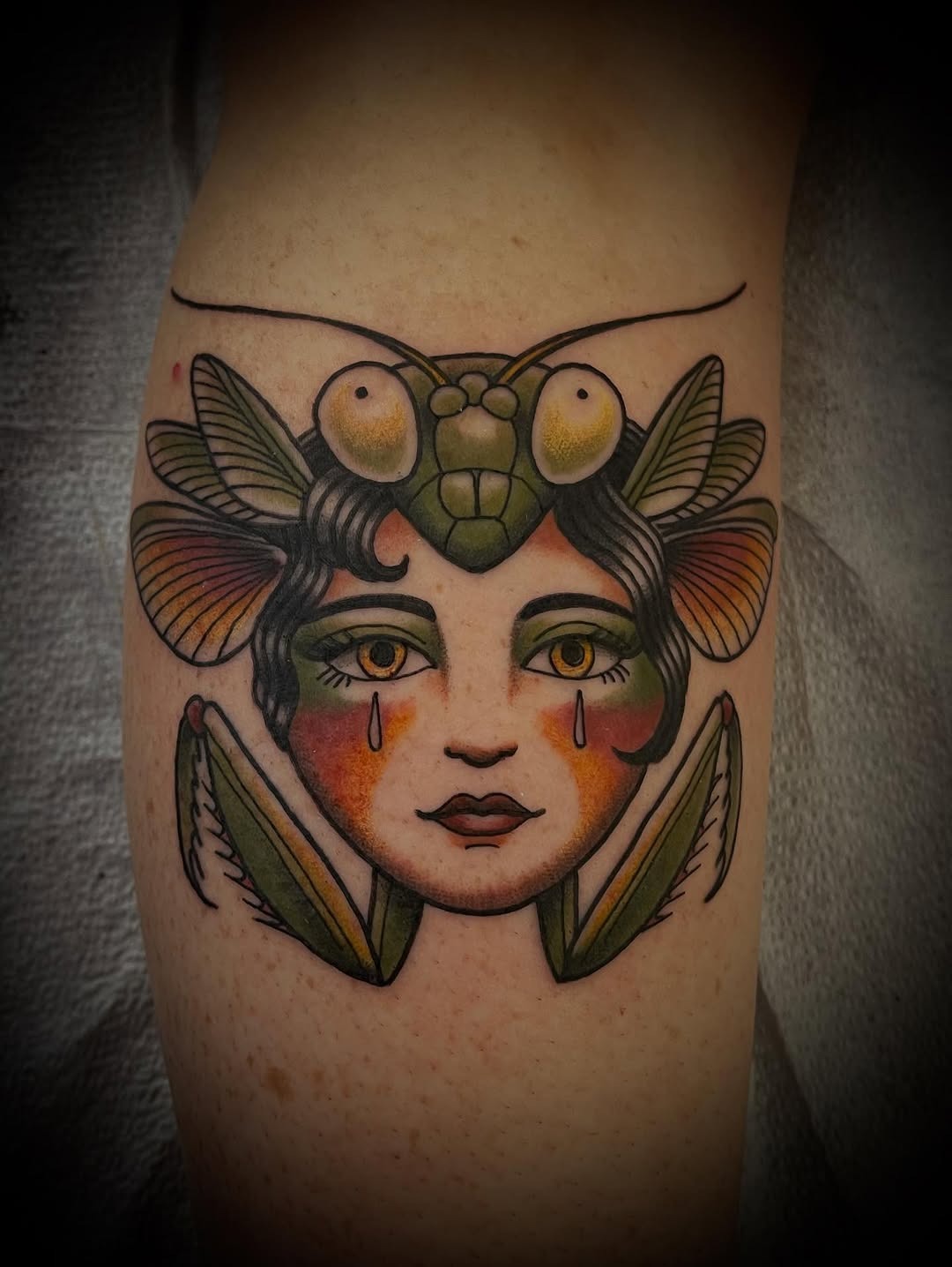 Eye-catching praying mantis girl tattoo design Tattoo Design