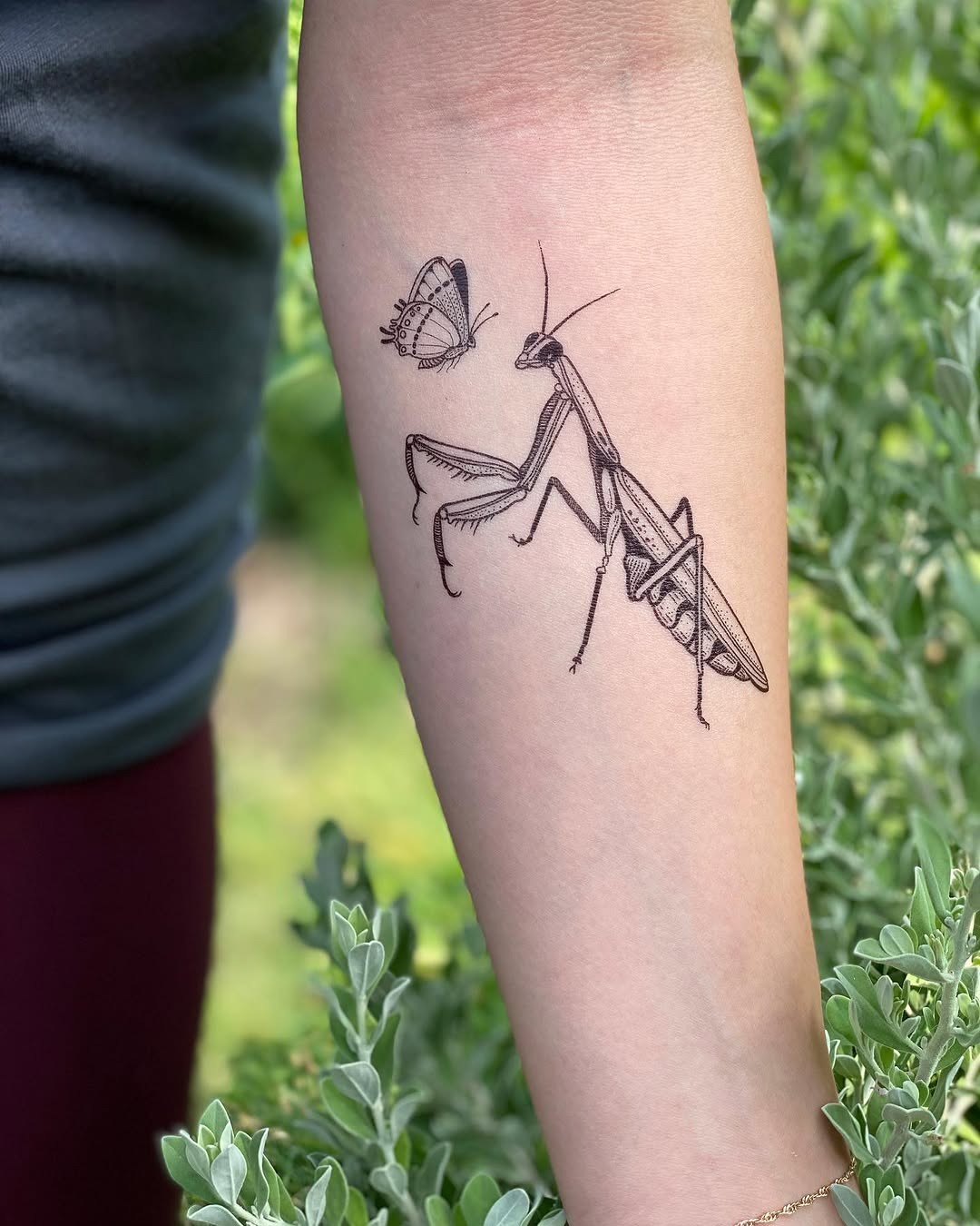 Intricate praying mantis tattoo with butterfly Tattoo Design