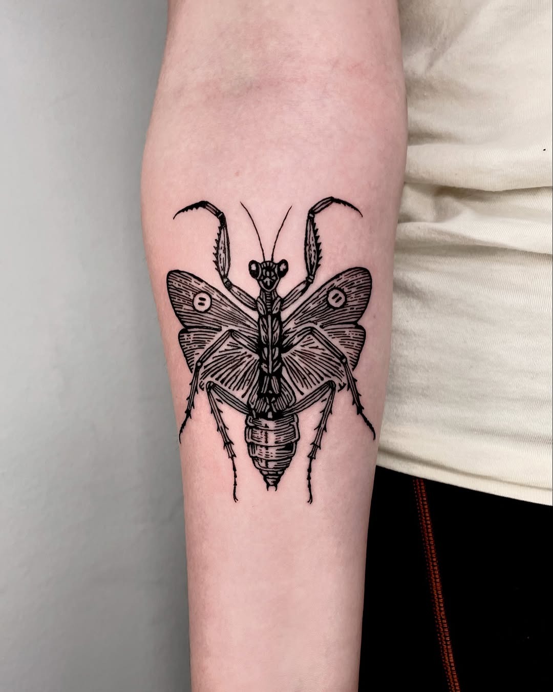 Striking black line praying mantis tattoo design Tattoo Design