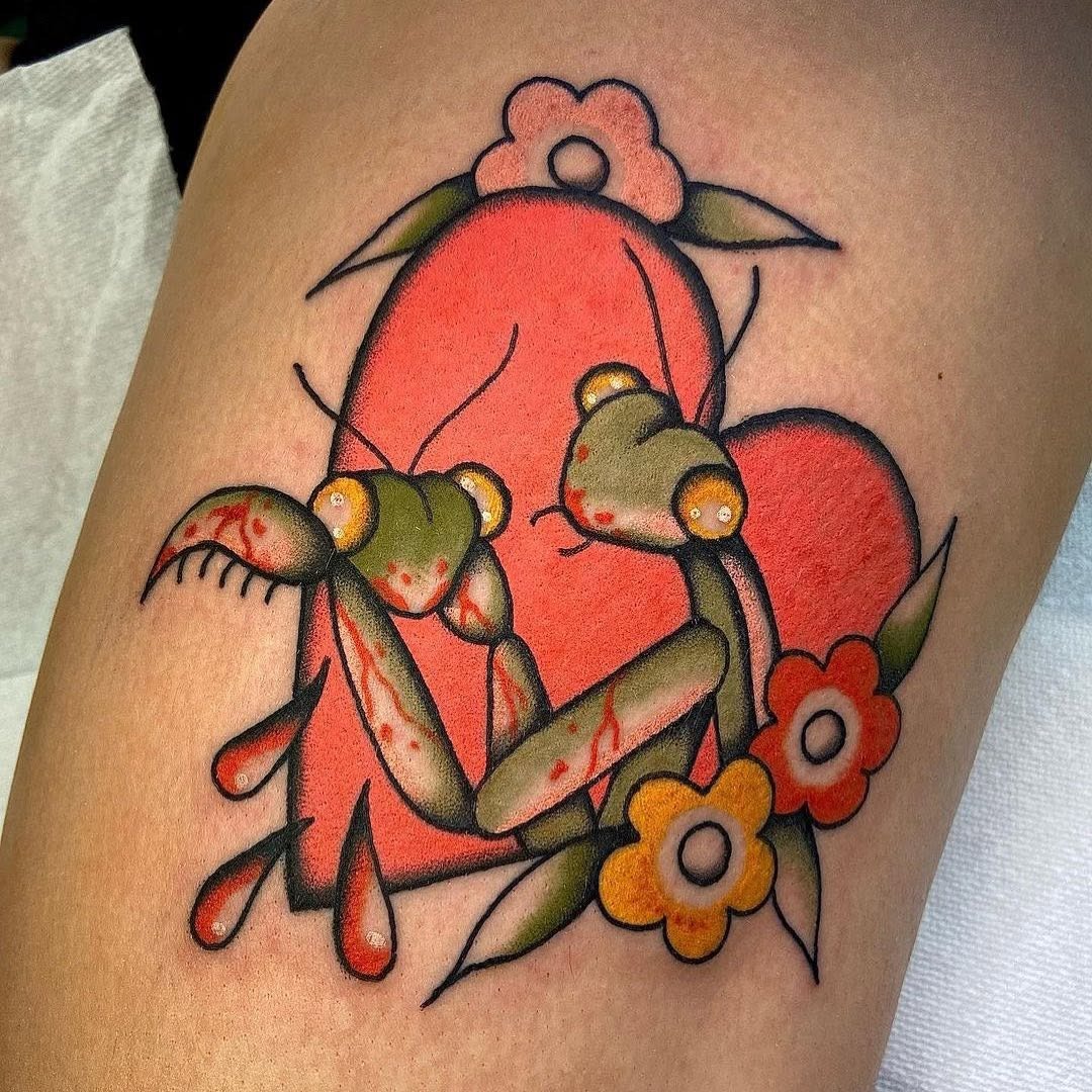 Whimsical praying mantis in a heart design Tattoo Design