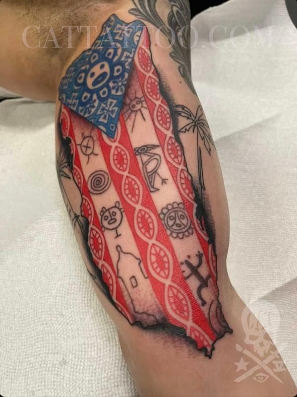 Bandera de Puerto Rico Map with Taino Symbols Tattoo Design