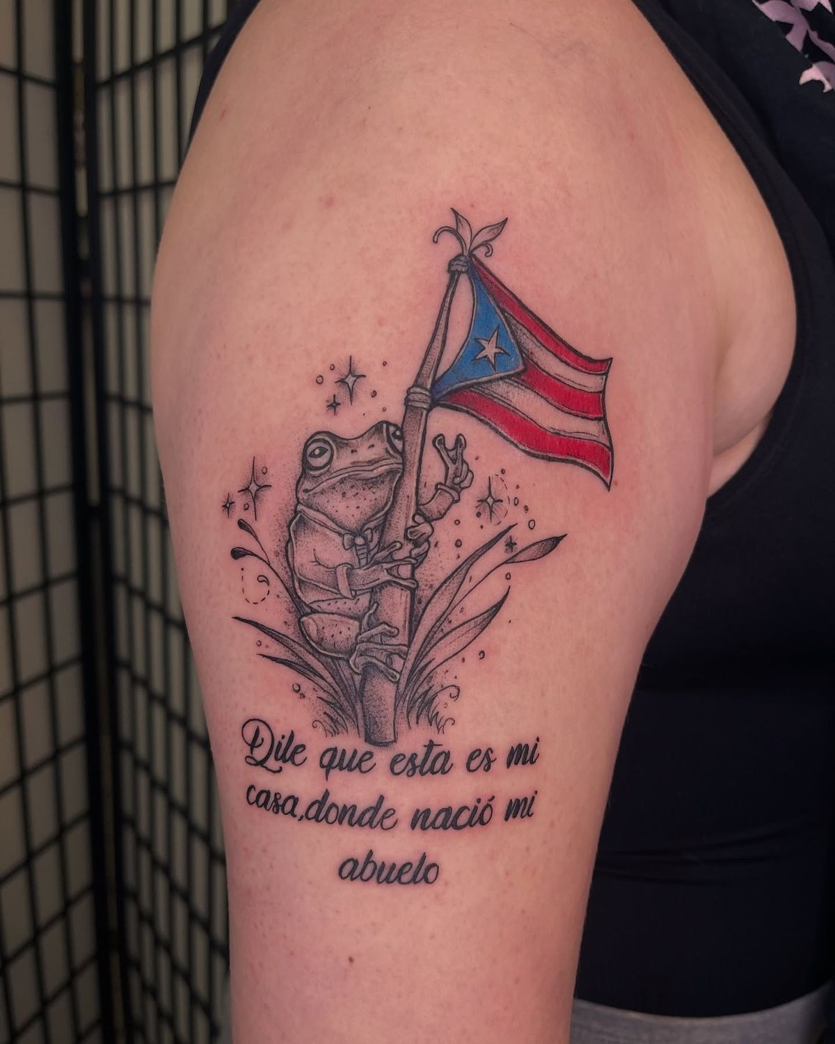Coquí with Puerto Rican Flag and Family Quote Tattoo Design