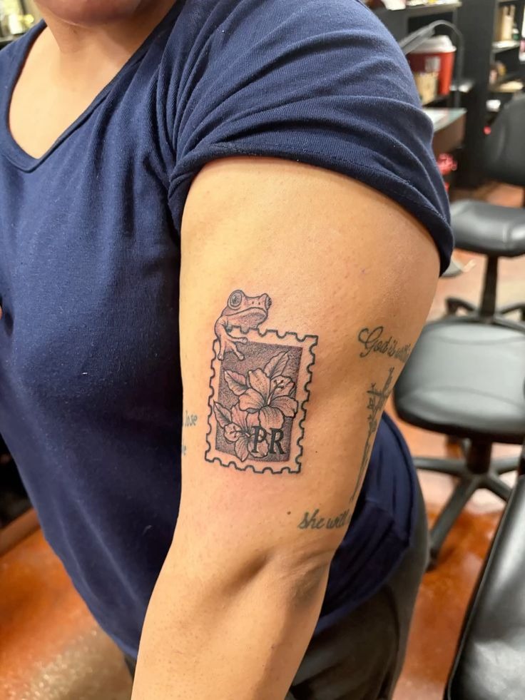 Puerto Rico Stamp Tattoo with Coquí and Hibiscus Tattoo Design