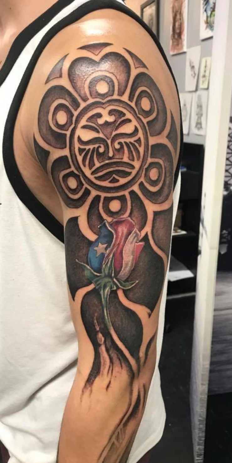 Taino Flower Sleeve with Puerto Rican Rose Tattoo Design