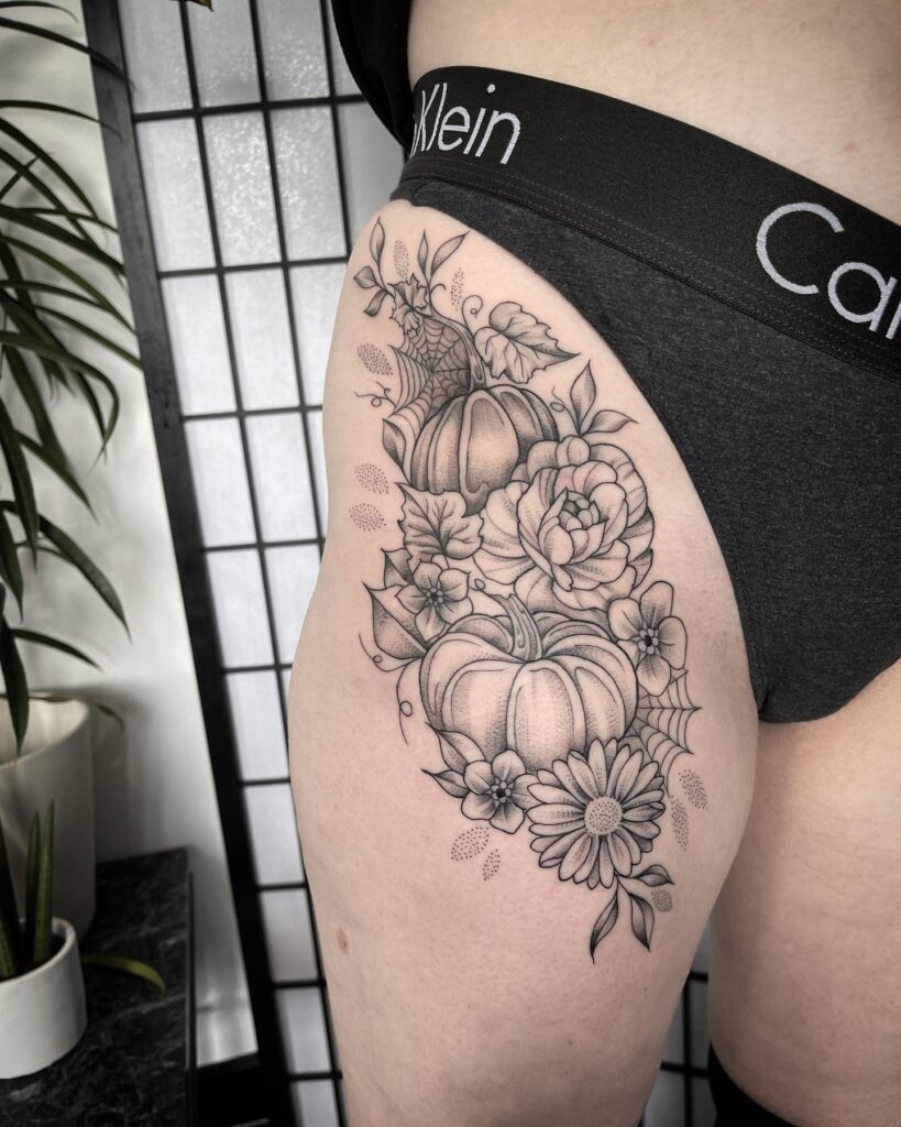Black and Gray Pumpkin Floral Tattoo Tattoo Design
