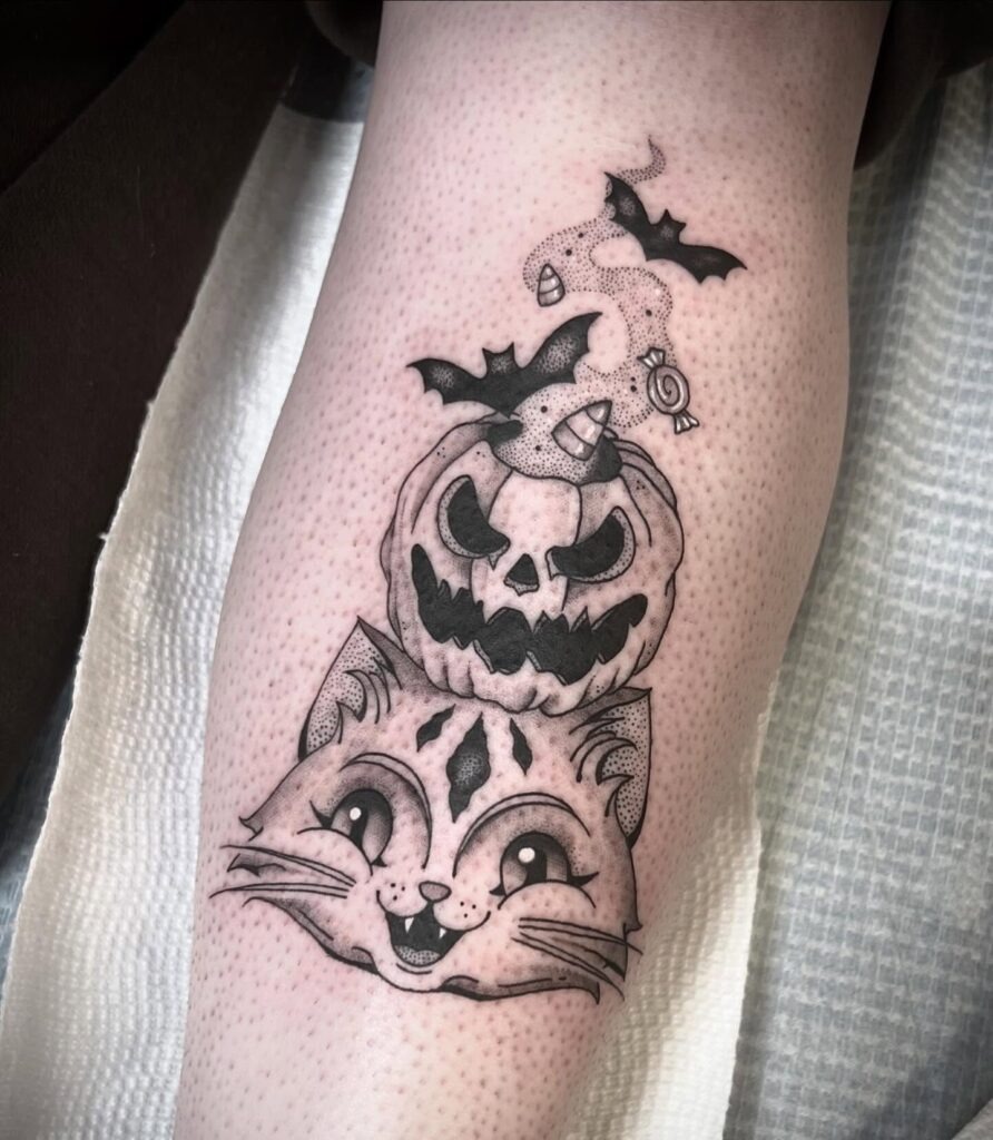 Cat and Pumpkin Stack Tattoo Tattoo Design