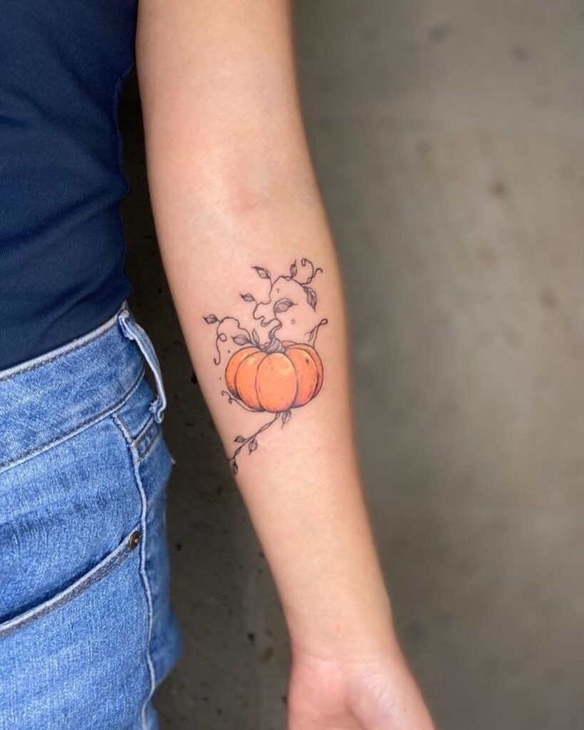 Delicate Pumpkin with Whimsical Vines Tattoo Design