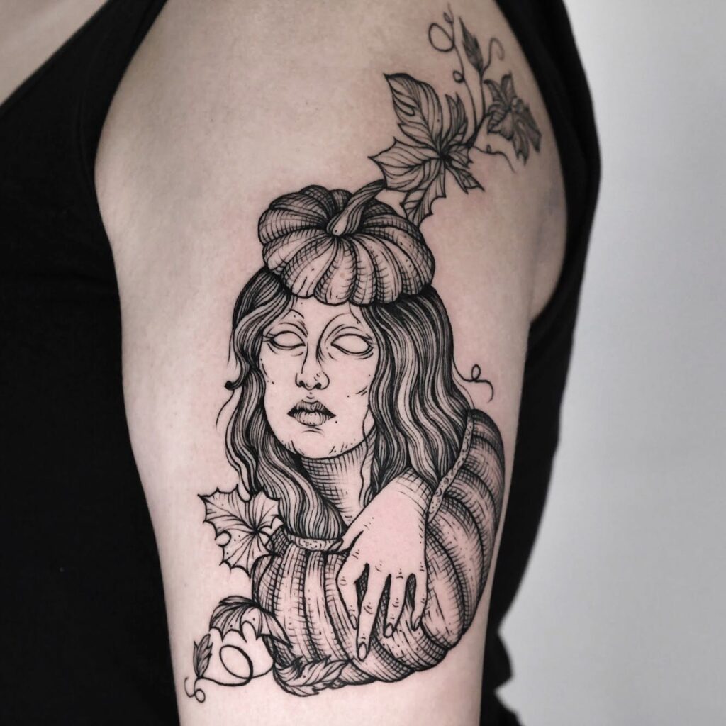 Enigmatic Woman with Pumpkins and Vines Tattoo Design