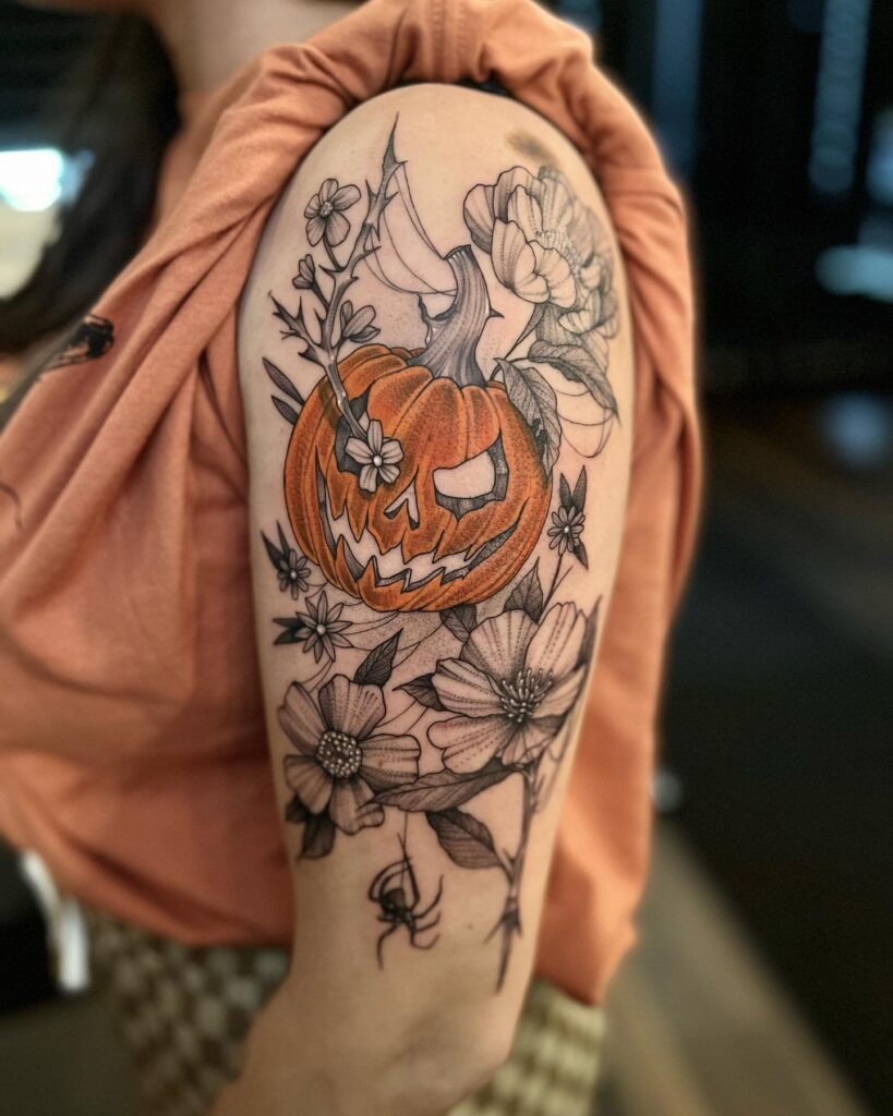 Floral Jack-O’-Lantern Sleeve Tattoo Tattoo Design