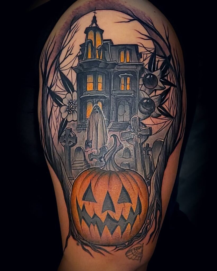 Haunted House and Pumpkin Tattoo Tattoo Design
