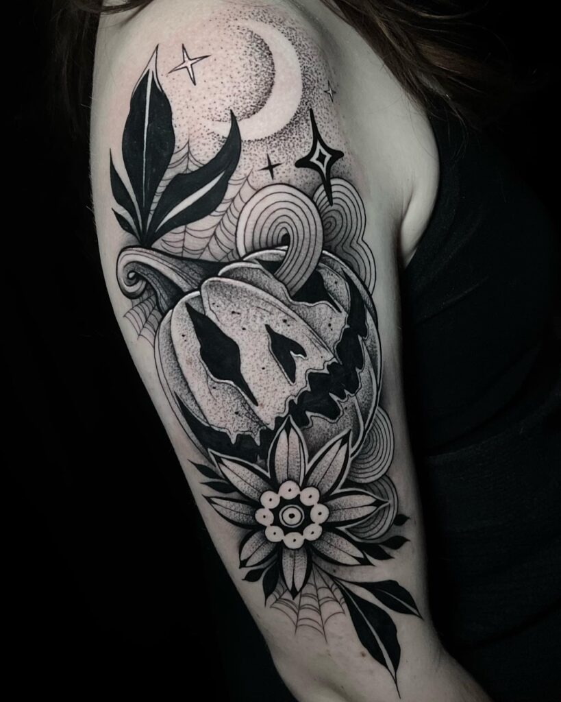 Pumpkin and Moon Halloween Tattoo Tattoo Design