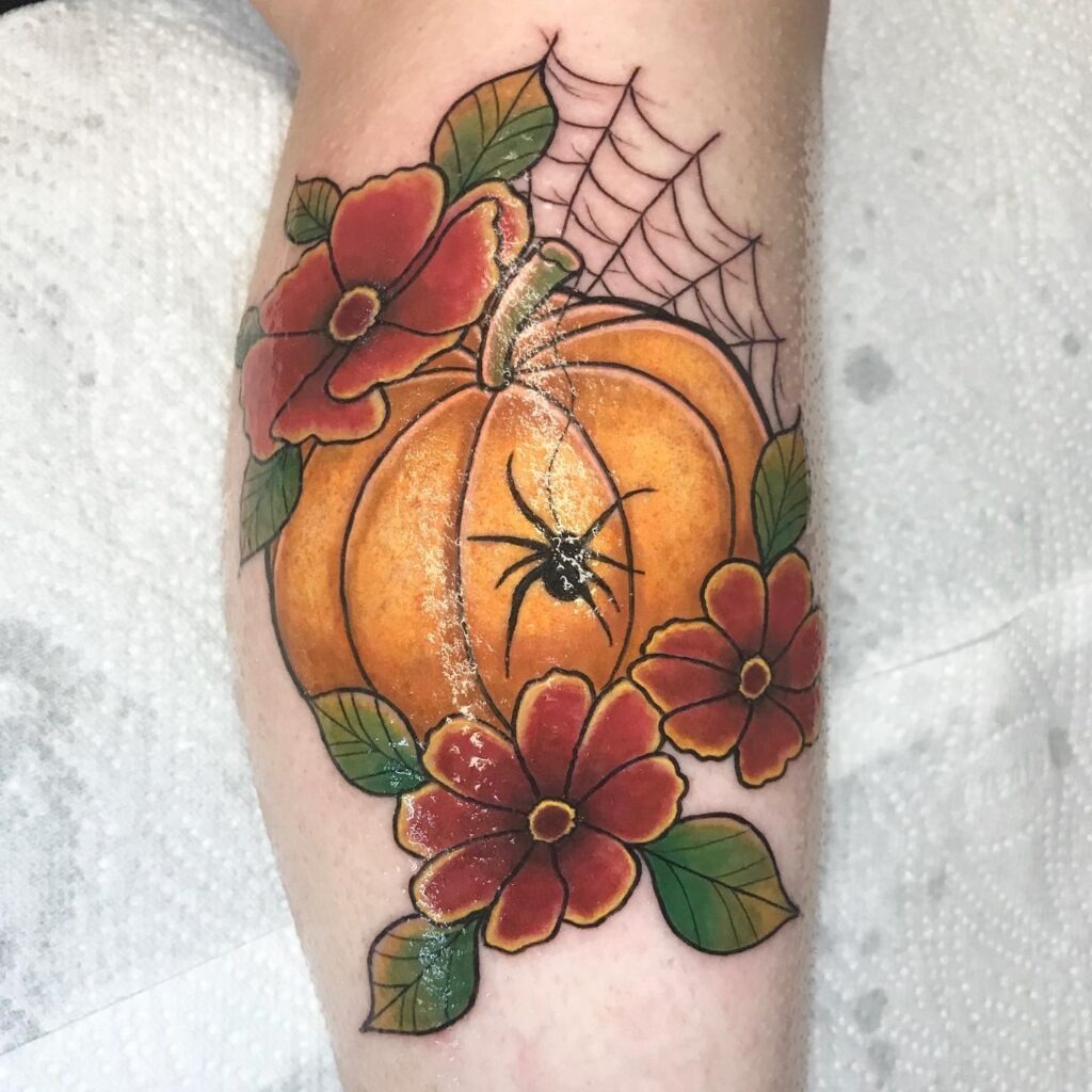Pumpkin and Spiderweb Floral Tattoo Tattoo Design