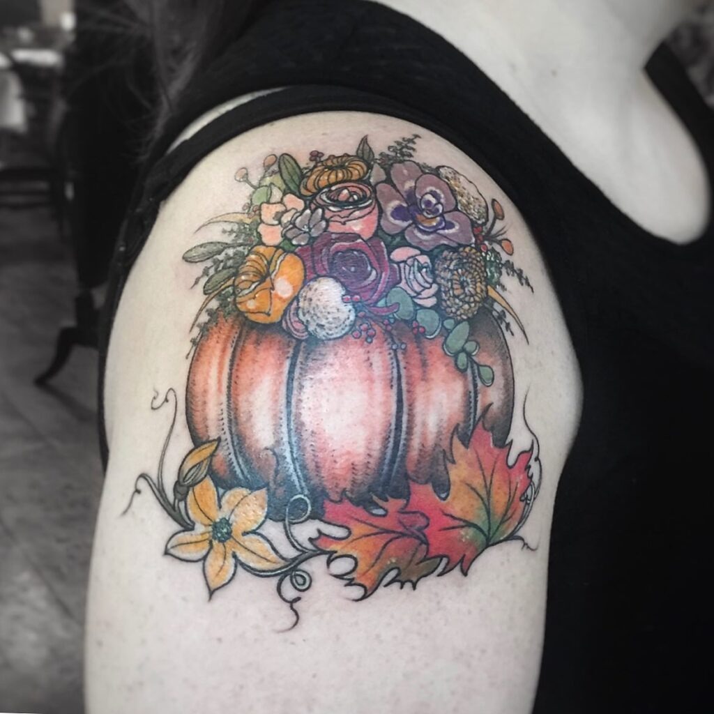 Pumpkin Bouquet with Autumn Leaves Tattoo Design
