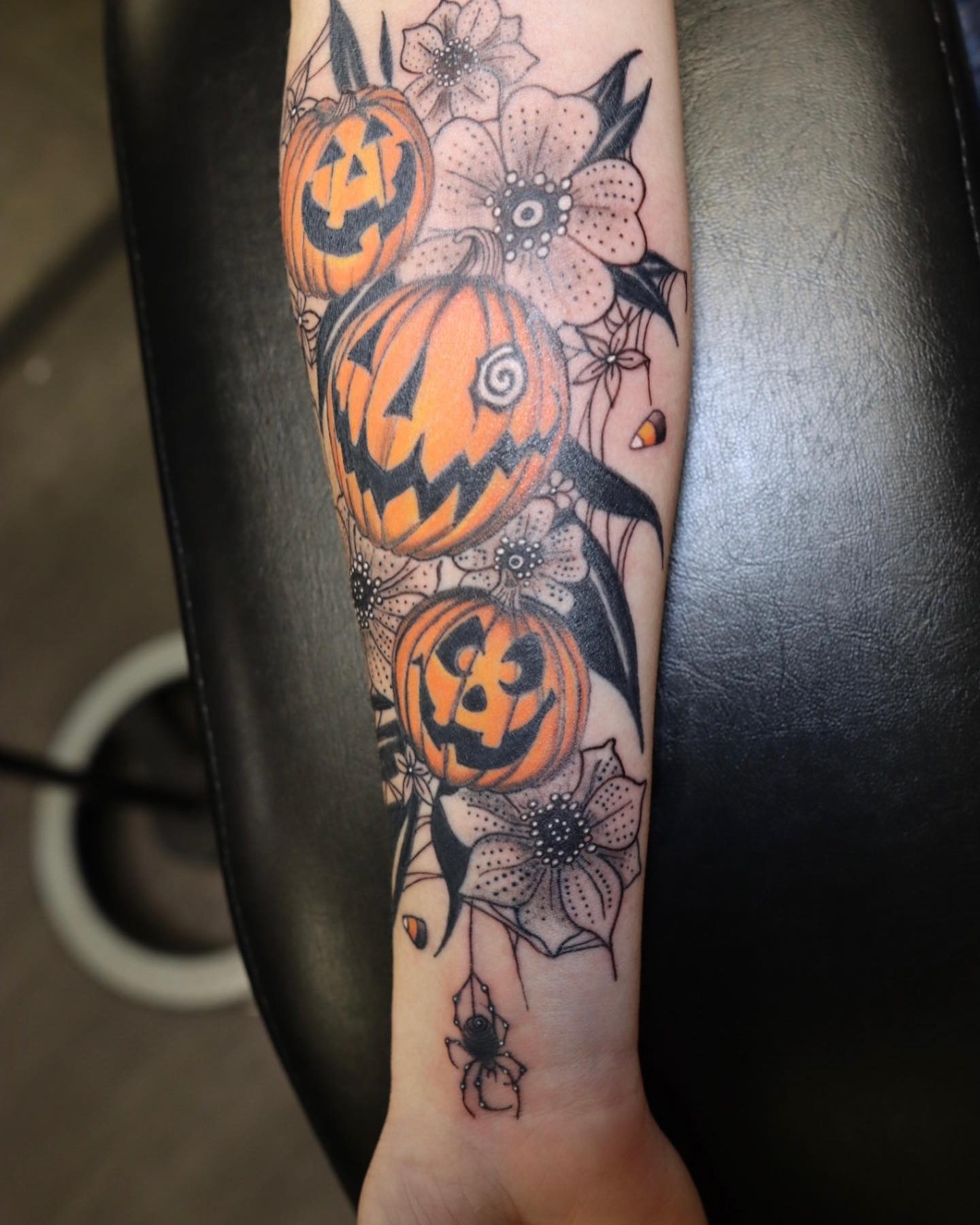 Pumpkin Trio with Floral Accents Tattoo Tattoo Design