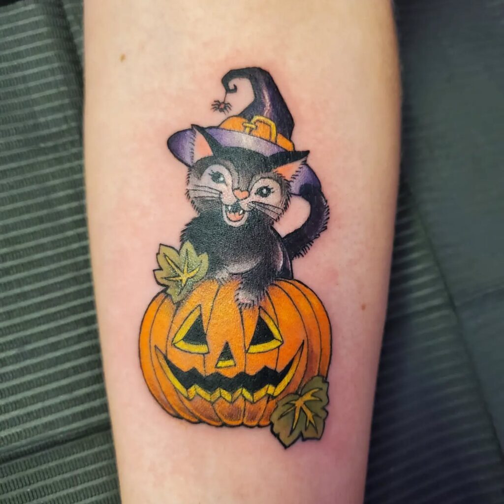 Witch Cat and Pumpkin Tattoo Tattoo Design