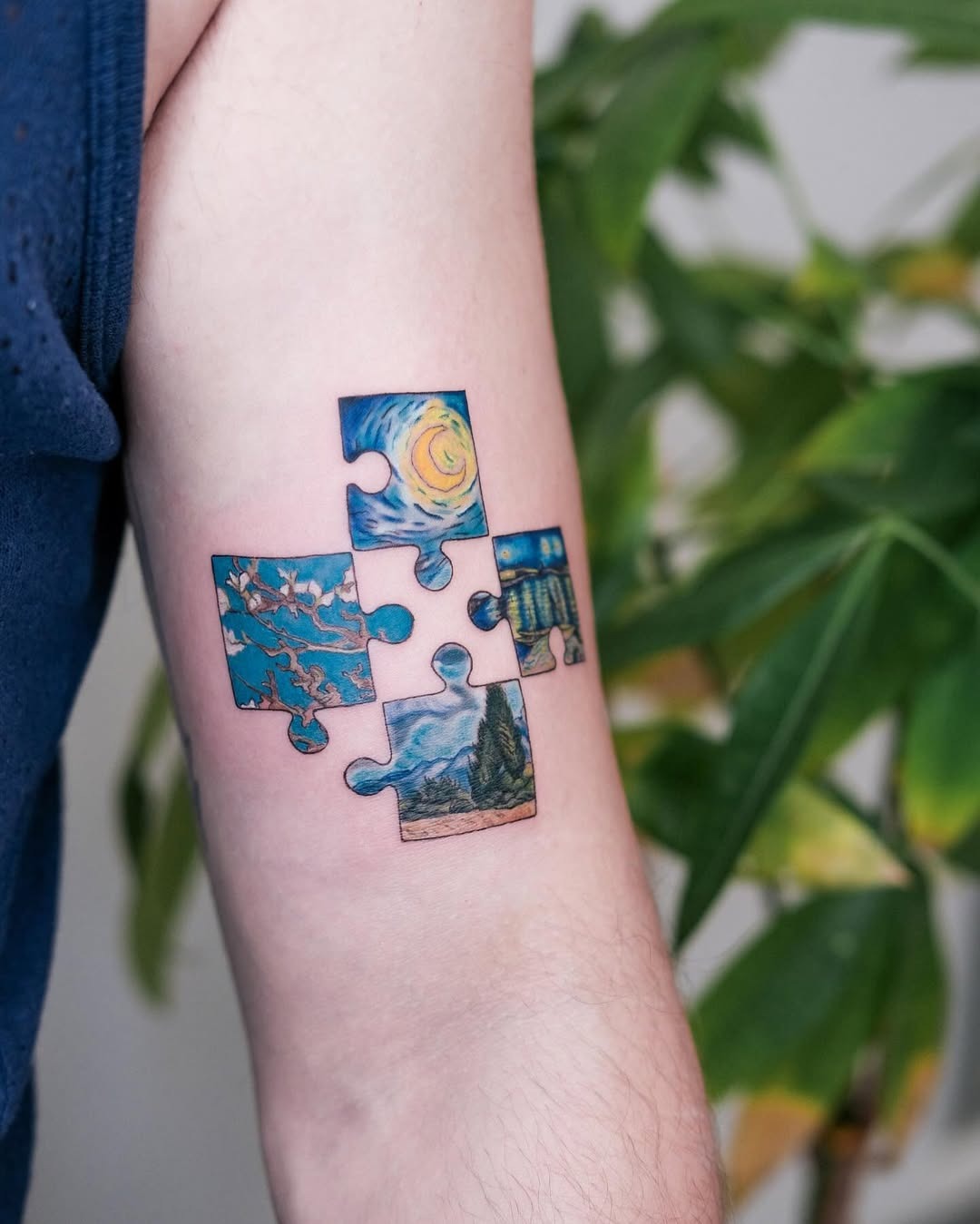 Artistic puzzle tattoo featuring Van Gogh scenes Tattoo Design