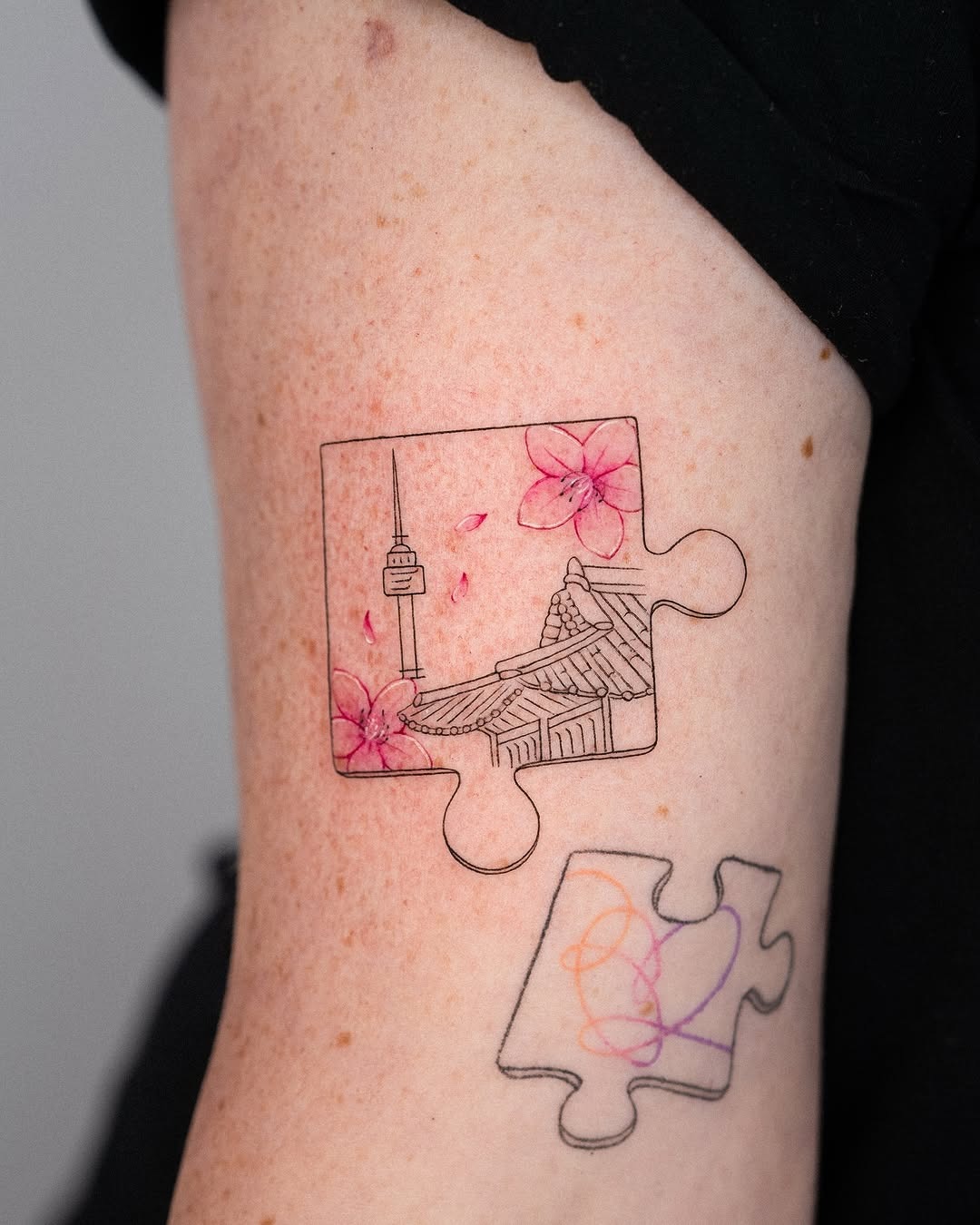 Unique floral puzzle tattoo with landscape scene Tattoo Design
